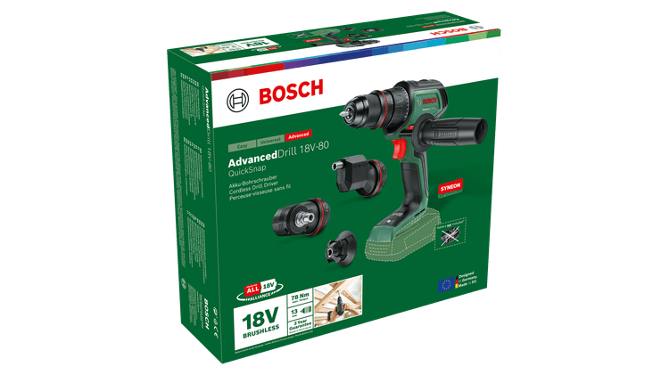 Bosch DIY AdvancedDrill 18V-80 QuickSnap Akku-Bohrschrauber inkl. 3x Aufsätze (06039E2003)